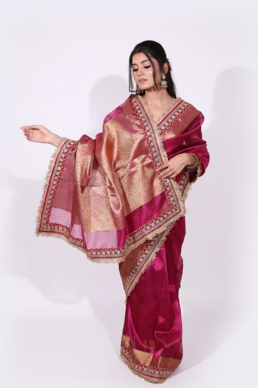 Rajasi – A majestic banarsi tissue silk saree in a rich fuchsia tone, with red-golden zari work