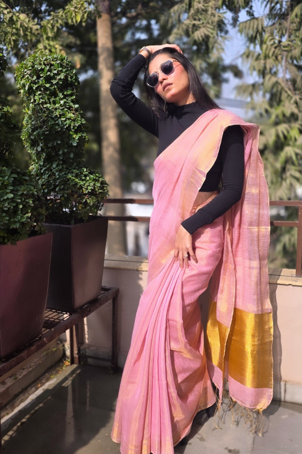 Apsara(Light Pink/Rose Gold) - Shimmering Tissue-Linen Saree for Festive Celebrations