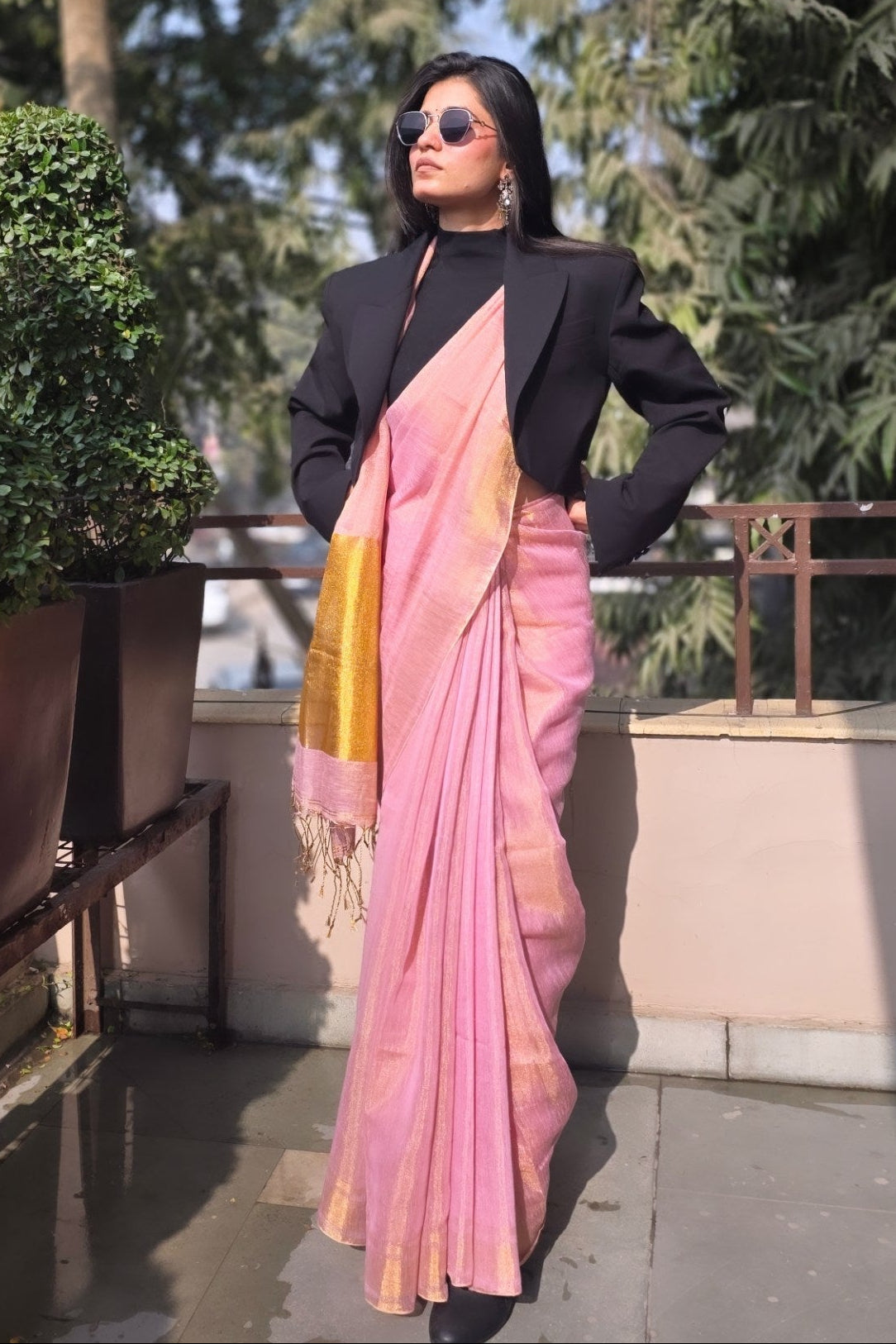 Apsara(Light Pink/Rose Gold) - Shimmering Tissue-Linen Saree for Festive Celebrations