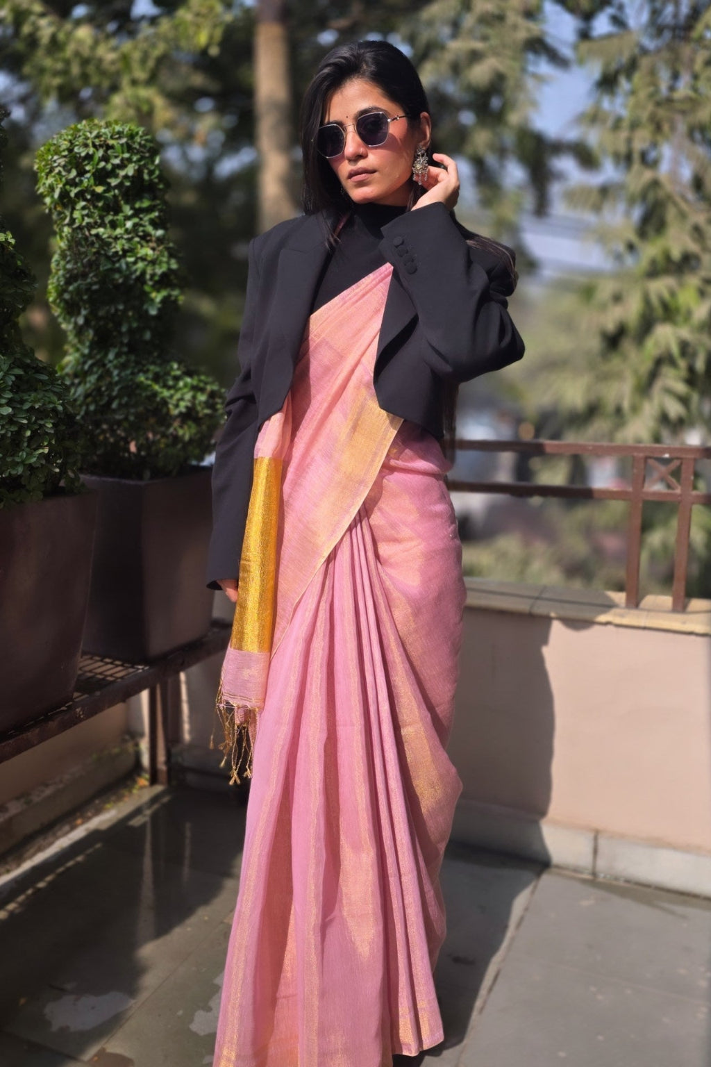 Apsara(Light Pink/Rose Gold) - Shimmering Tissue-Linen Saree for Festive Celebrations