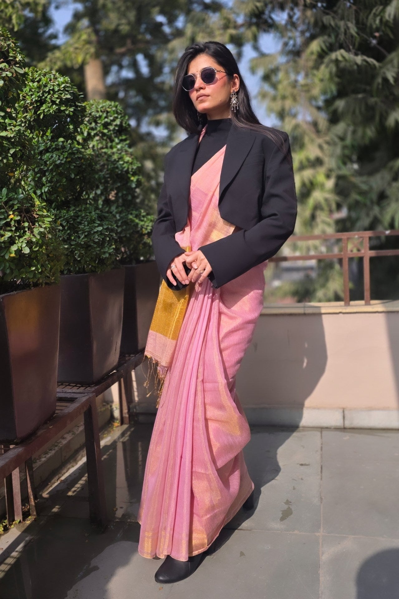 Apsara(Light Pink/Rose Gold) - Shimmering Tissue-Linen Saree for Festive Celebrations