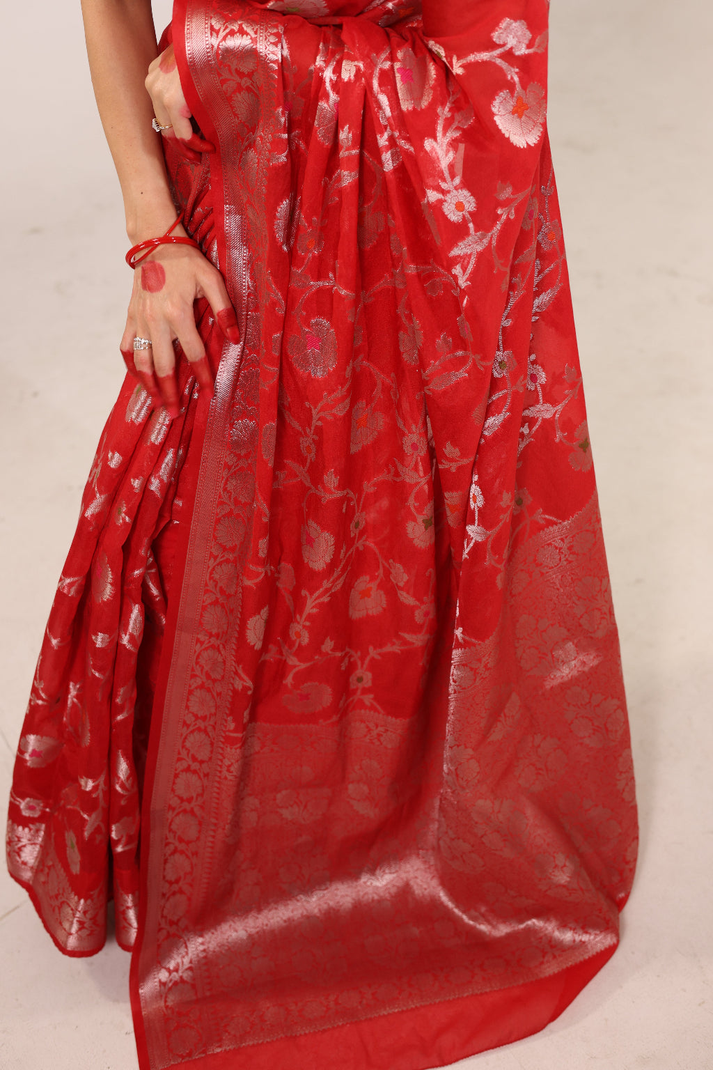 Chaandi – Red Georgette Saree with Silver Zari