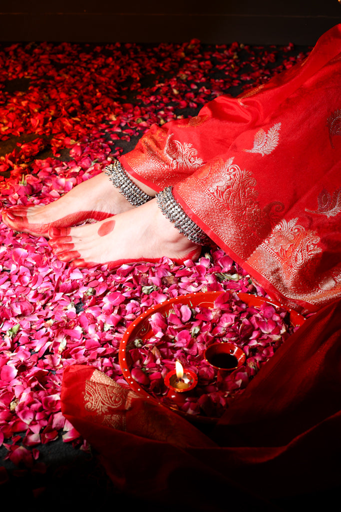 Sindoori – Red Semi Katan Saree with Golden Leaf Motifs