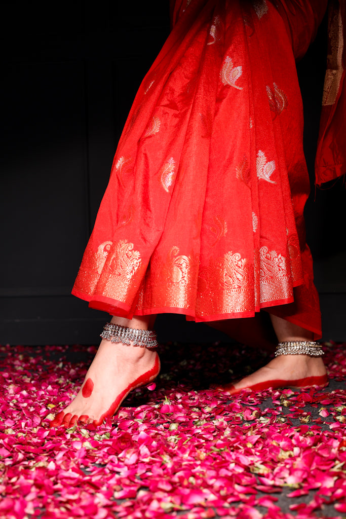 Sindoori – Red Semi Katan Saree with Golden Leaf Motifs