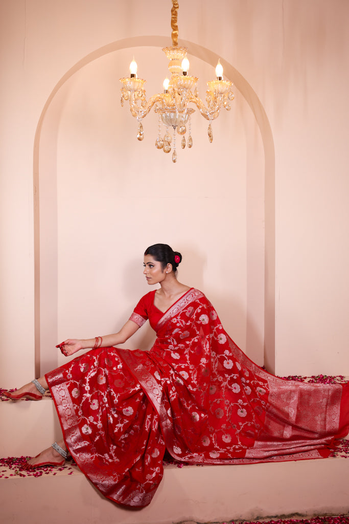 Chaandi – Red Georgette Saree with Silver Zari