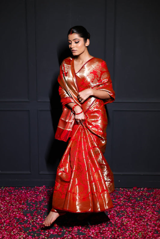 Sonpari – Red Semi Katan Saree with Golden Zari