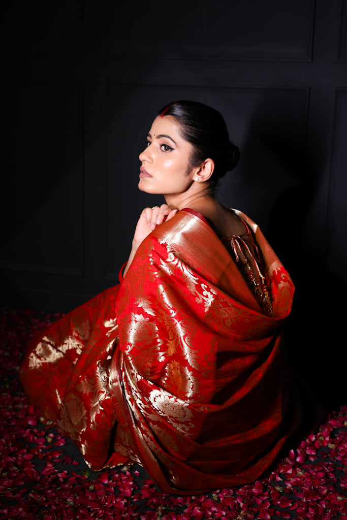 Sonpari – Red Semi Katan Saree with Golden Zari