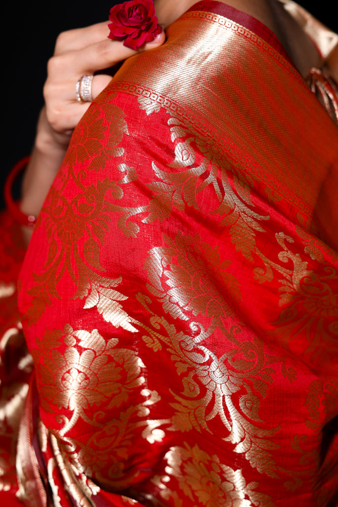 Sonpari – Red Semi Katan Saree with Golden Zari