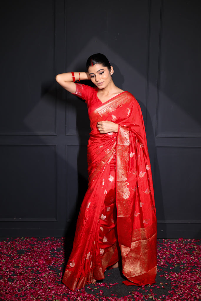 Sindoori – Red Semi Katan Saree with Golden Leaf Motifs