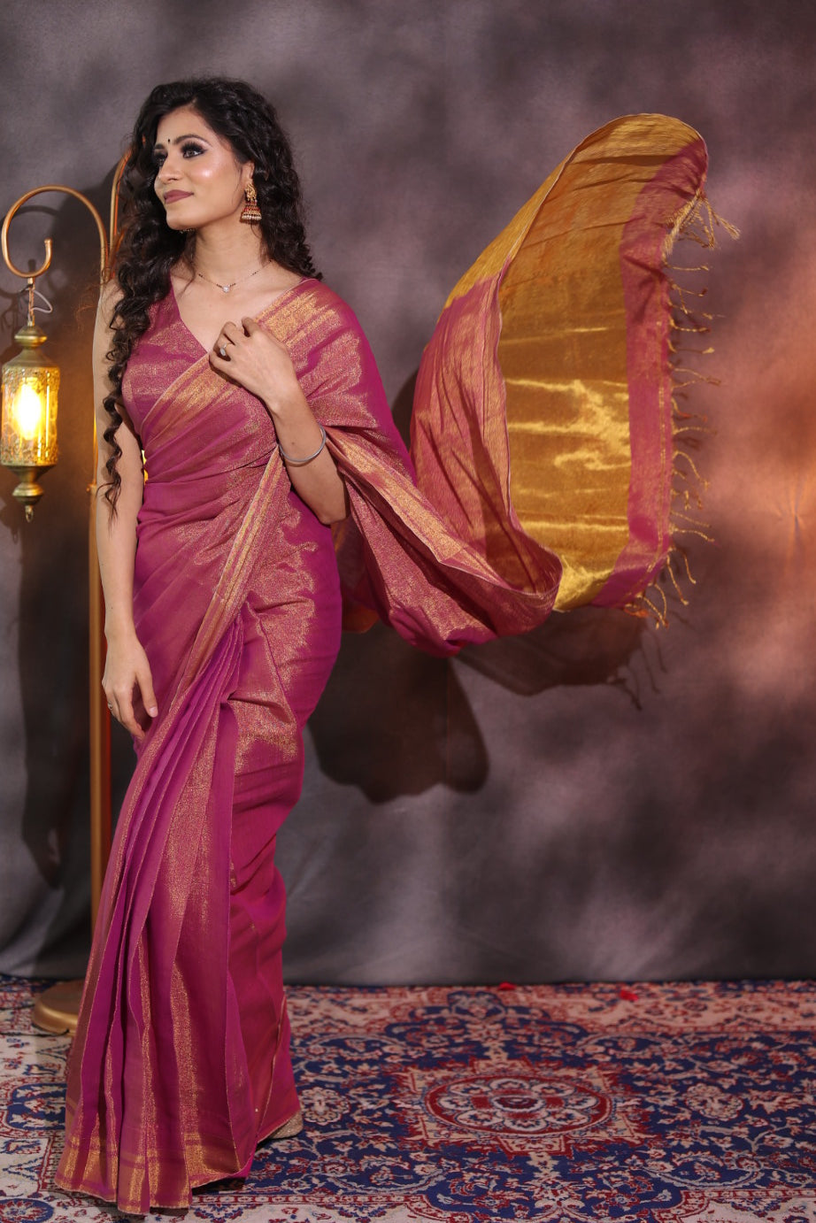 Apsara(Deep Maroon/Plum ) - Shimmering Tissue-Linen Saree for Festive Celebrations