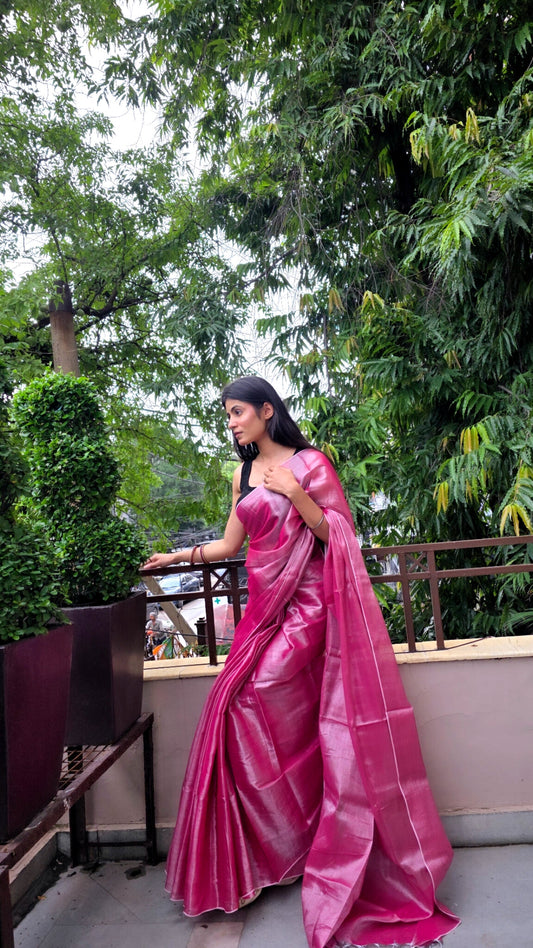 Roohi (Without Border) – Pink Tissue Saree