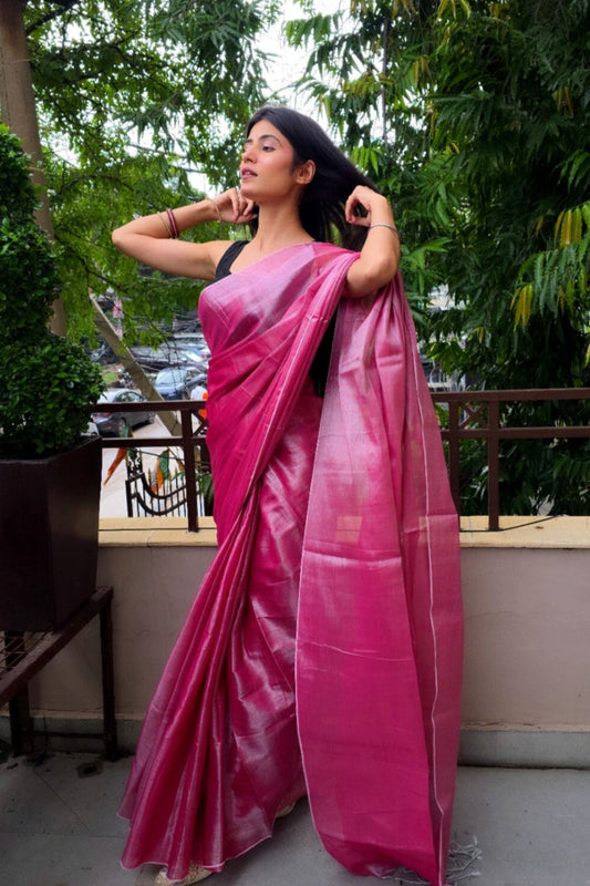 Roohi (Without Border) – Pink Tissue Saree
