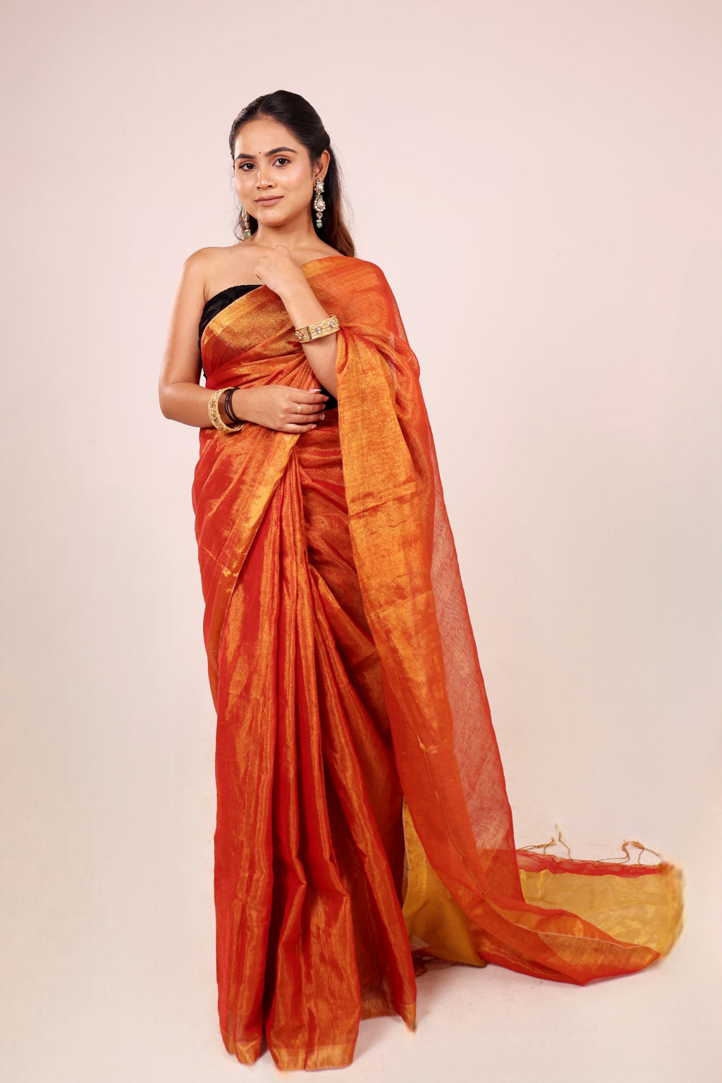 Apsara(Bright Orange/Saffron) - Shimmering Tissue-Linen Saree for Festive Celebrations
