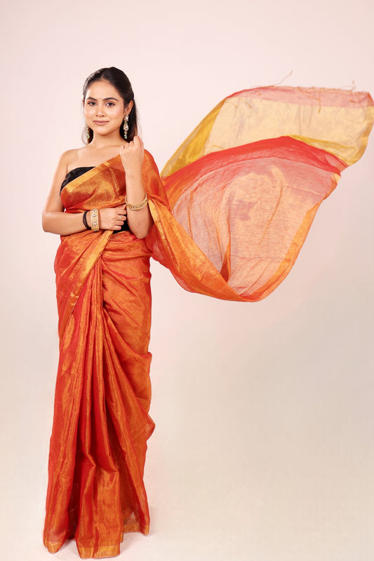 Apsara(Bright Orange/Saffron) - Shimmering Tissue-Linen Saree for Festive Celebrations