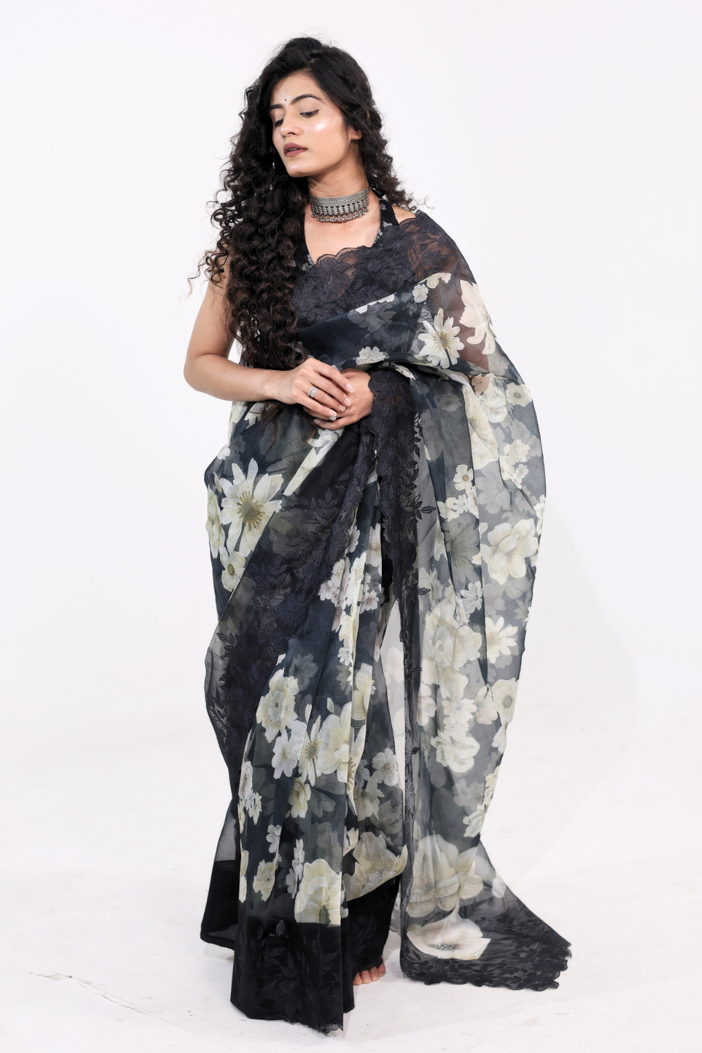 Nargis - Black Floral Kora Organza Saree with Scalloped Embroidery