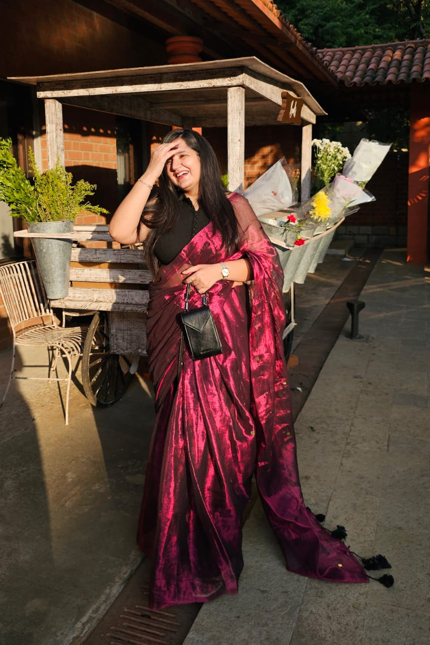 Jamuni Sitara - Royal Wine Tissue Saree with Hand-Tied Tassels