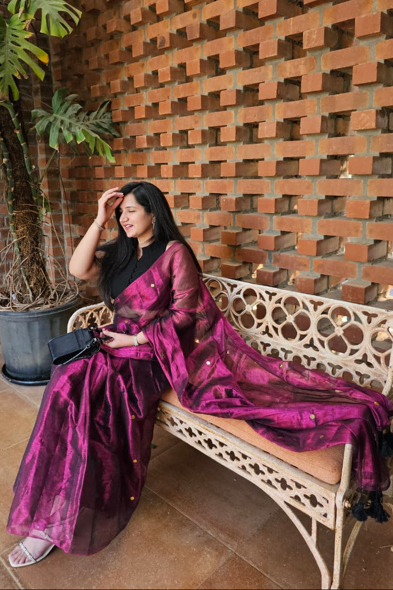 Jamuni Sitara - Royal Wine Tissue Saree with Hand-Tied Tassels