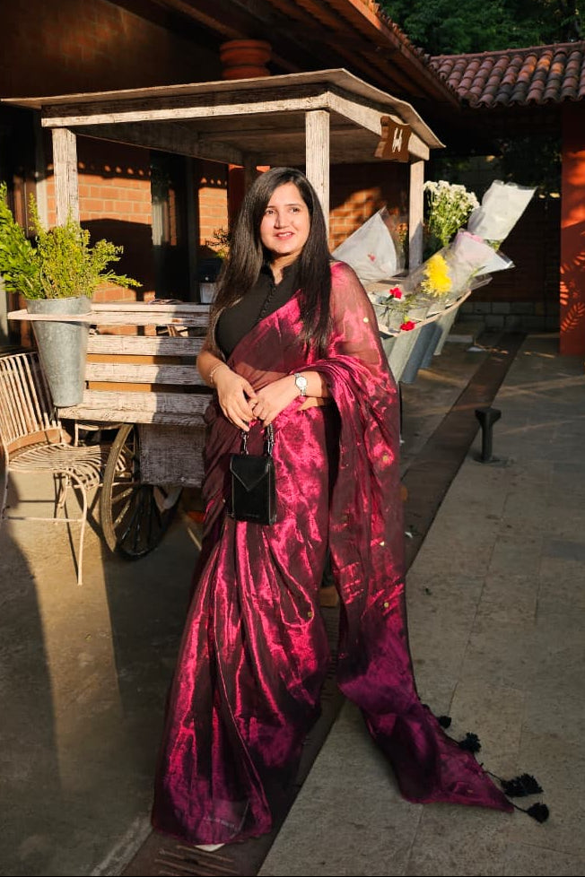 Jamuni Sitara - Royal Wine Tissue Saree with Hand-Tied Tassels