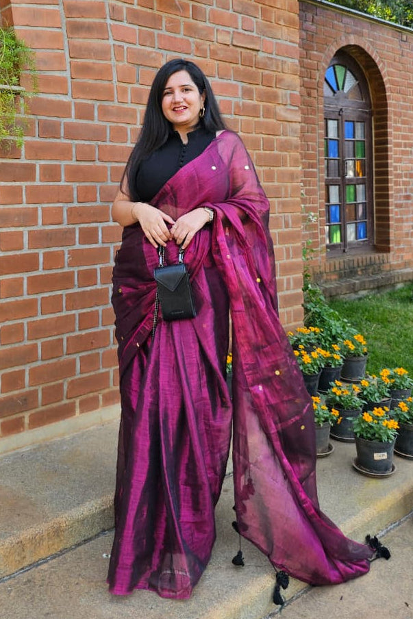 Jamuni Sitara - Royal Wine Tissue Saree with Hand-Tied Tassels