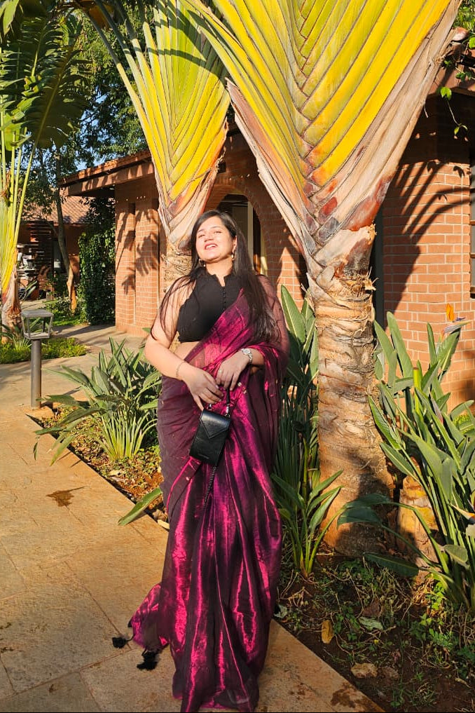 Jamuni Sitara - Royal Wine Tissue Saree with Hand-Tied Tassels