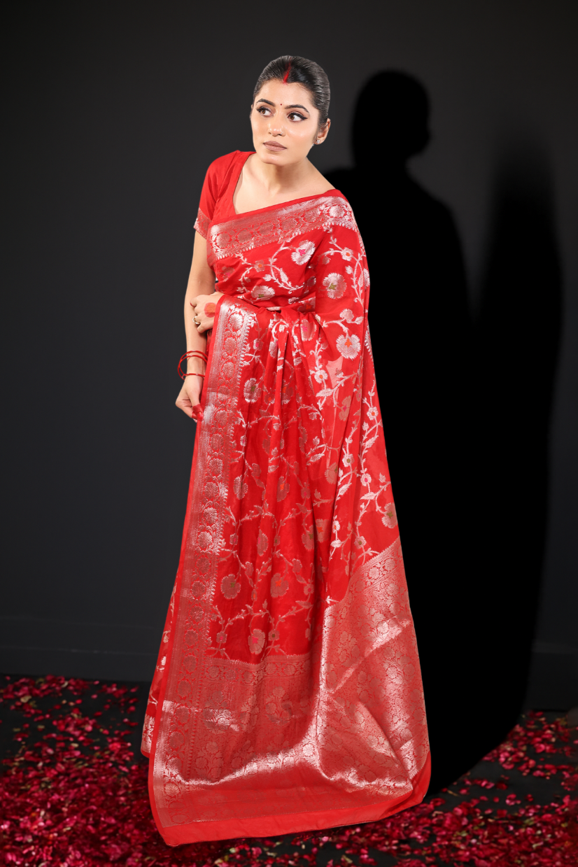 Chaandi – Red Georgette Saree with Silver Zari