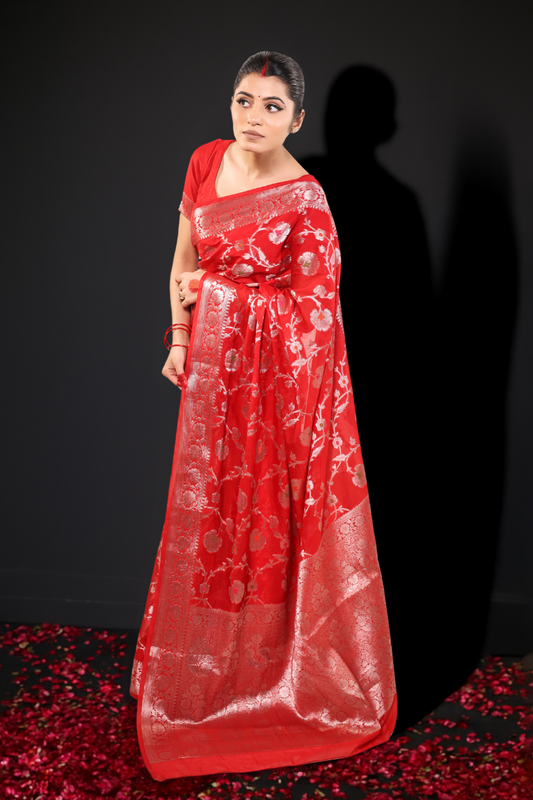 Chaandi – Red Georgette Saree with Silver Zari