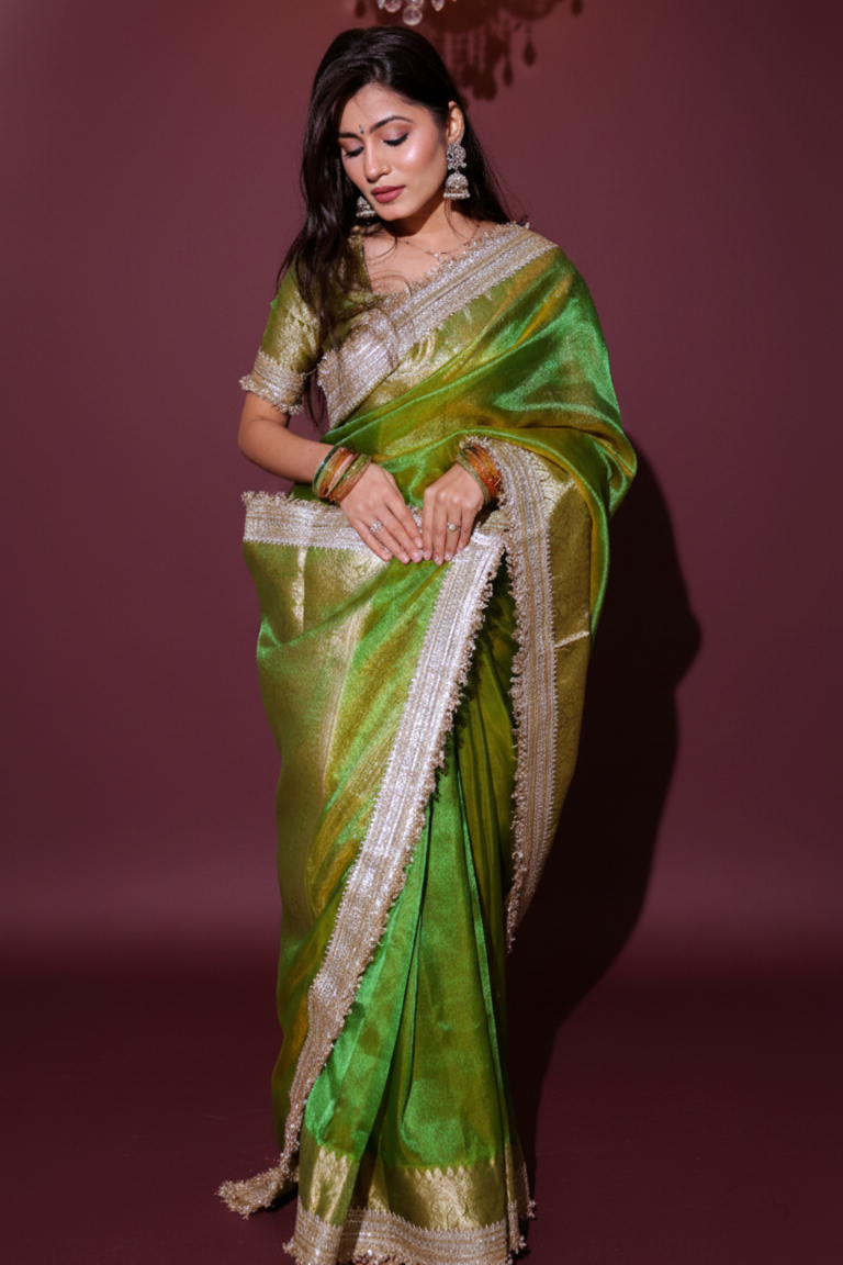 Harita - Vibrant Green Banarsi Saree with Luminous Gold Border