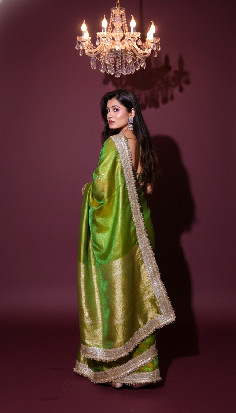 Harita - Vibrant Green Banarsi Saree with Luminous Gold Border