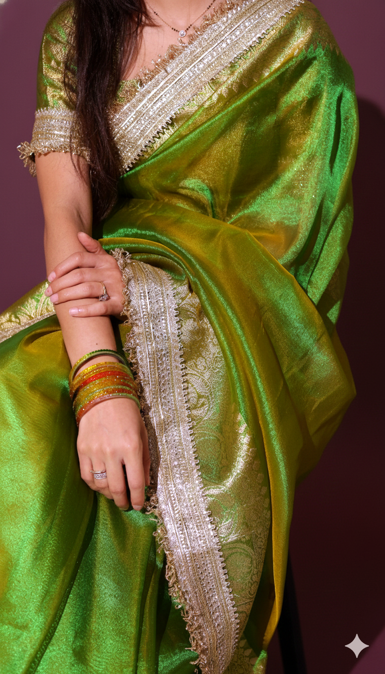Harita - Vibrant Green Banarsi Saree with Luminous Gold Border