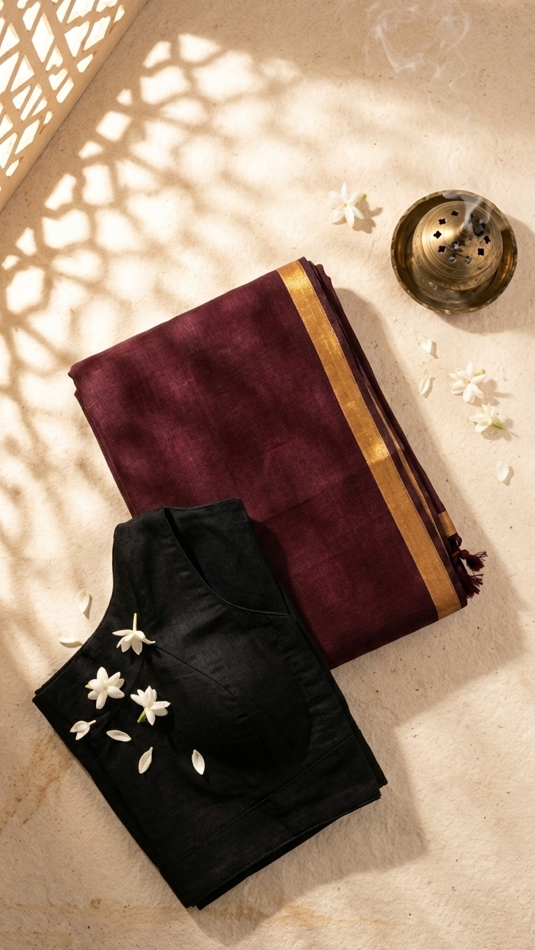 Meher - Deep Wine Mul Cotton Saree with Golden Zari Borders